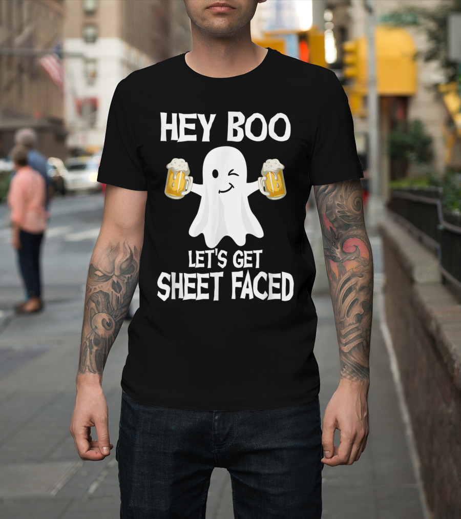 Hey Boo Let's Get Sheet Faced Funny Halloween Drinking Ghost with Beer Mugs T-Shirt