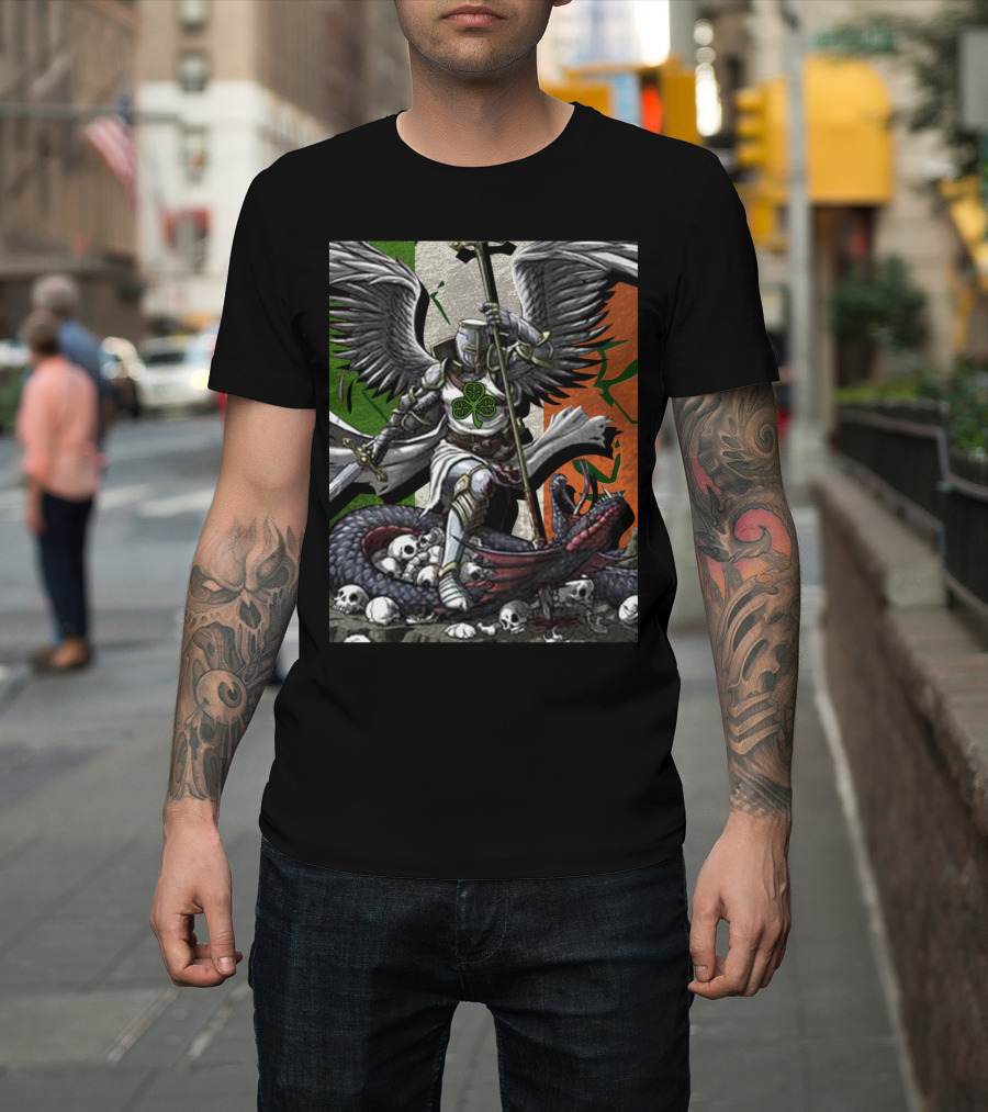 The Devil Whispers Irishman Angel with Shamrock and Snake Storm Scene T-Shirt