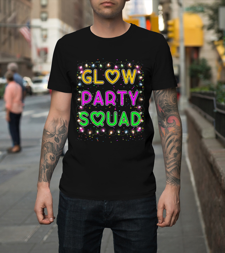 Glow Party Squad Neon Lettering with Paint Splatter Effect T-Shirt