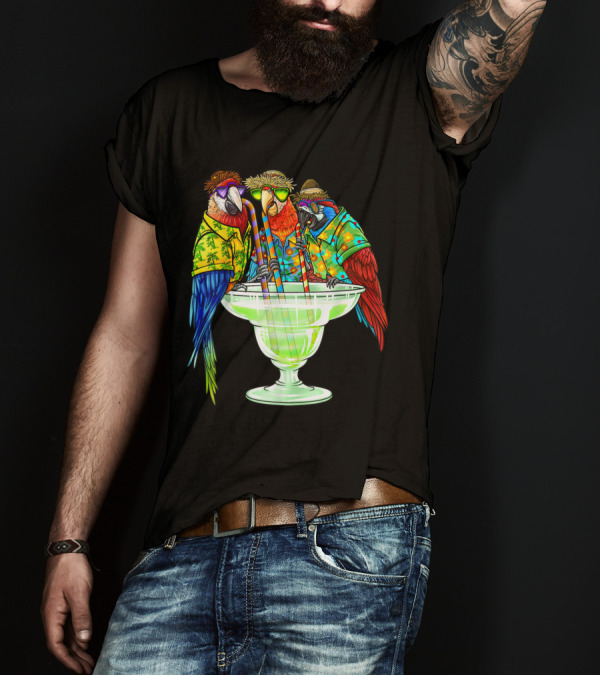Parrots In Hawaiian Shirts Enjoying Margaritas On Vacation T-Shirt