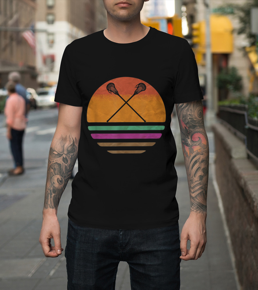 Vintage Retro Sunset Lacrosse Crossed Sticks T-Shirt