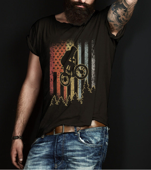 Mountain Biking American Flag Vintage Forest T-Shirt
