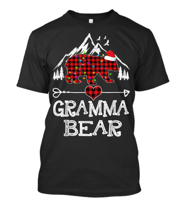 Gramma Bear Christmas Red Plaid Buffalo Heart And Mountain Trees T-Shirt