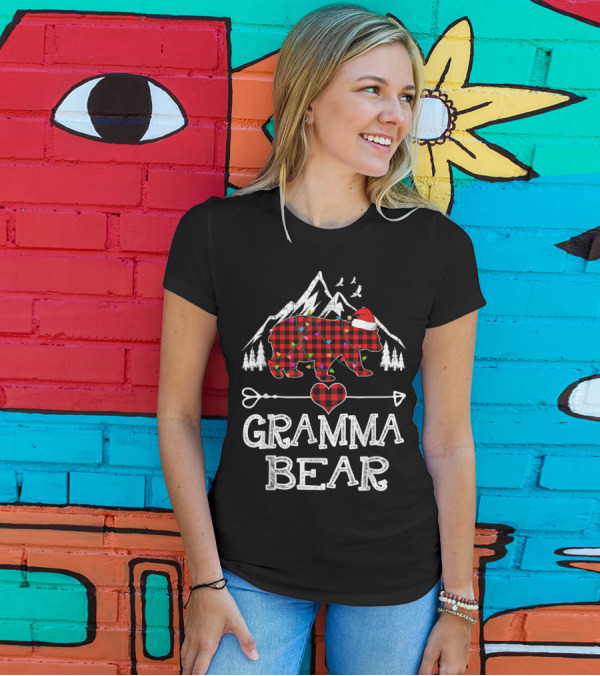 Gramma Bear Christmas Red Plaid Buffalo Heart And Mountain Trees T-Shirt