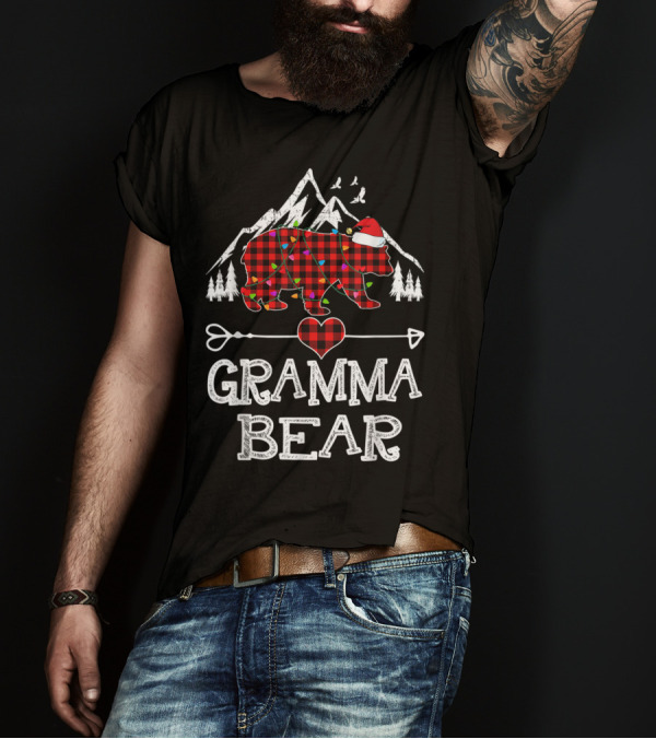 Gramma Bear Christmas Red Plaid Buffalo Heart And Mountain Trees T-Shirt