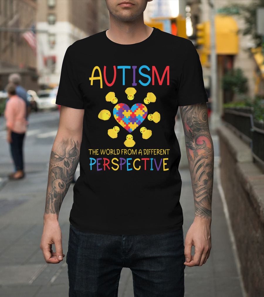 Autism Awareness The World From A Different Perspective with Puzzle Heart and Yellow Ducks T-Shirt