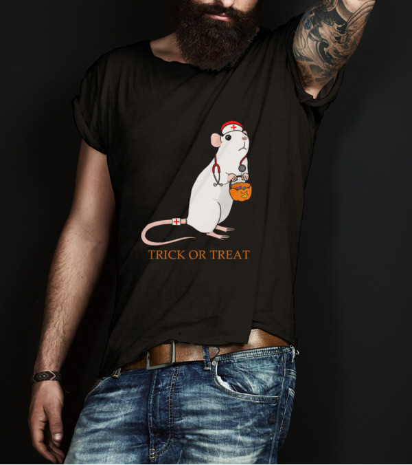 Trick Or Treat Halloween Rat Nurse With Pumpkin Bucket T-Shirt