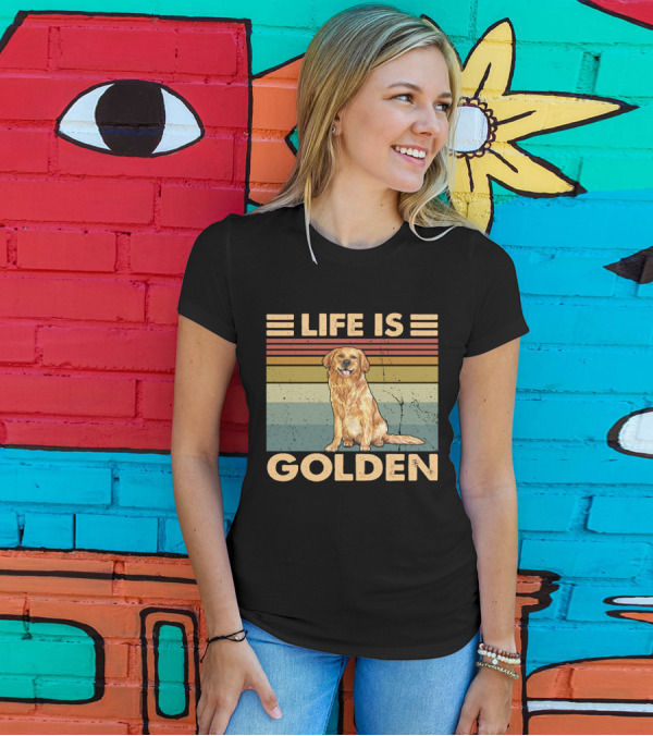 Life Is Golden Golden Retriever Vintage Stripes T-Shirt