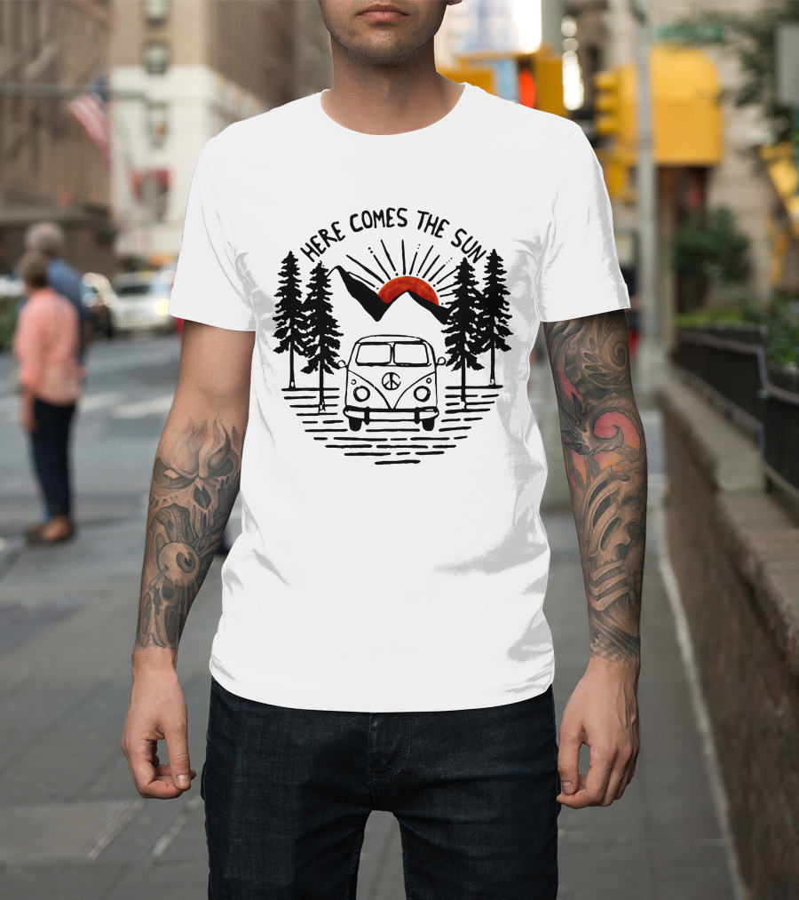 Here Comes The Sun Vintage Van Sunset Forest Scene T-Shirt