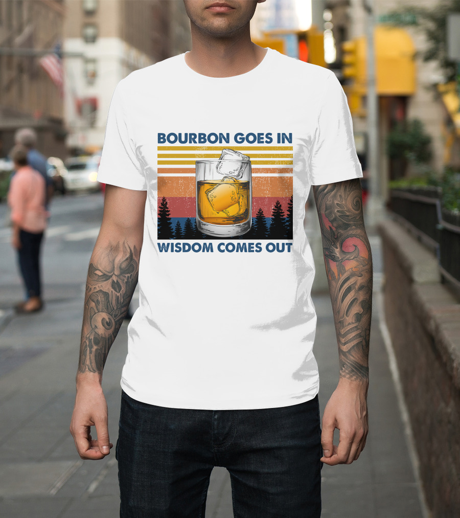 Bourbon Goes In Wisdom Comes Out Retro Forest Sunset Glass Ice Cubes T-Shirt