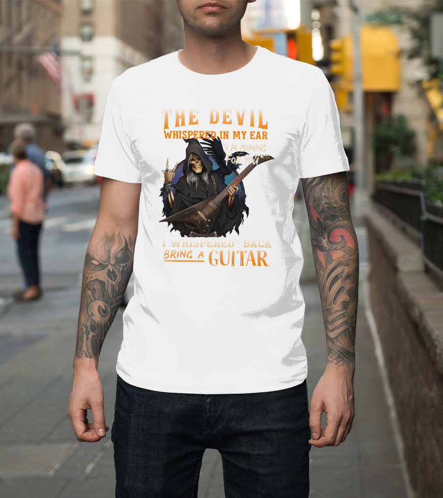 The Devil Whispered In My Ear I'm Coming For You I Whispered Back Bring A Guitar Skeleton in Hood Playing Electric Guitar T-Shirt