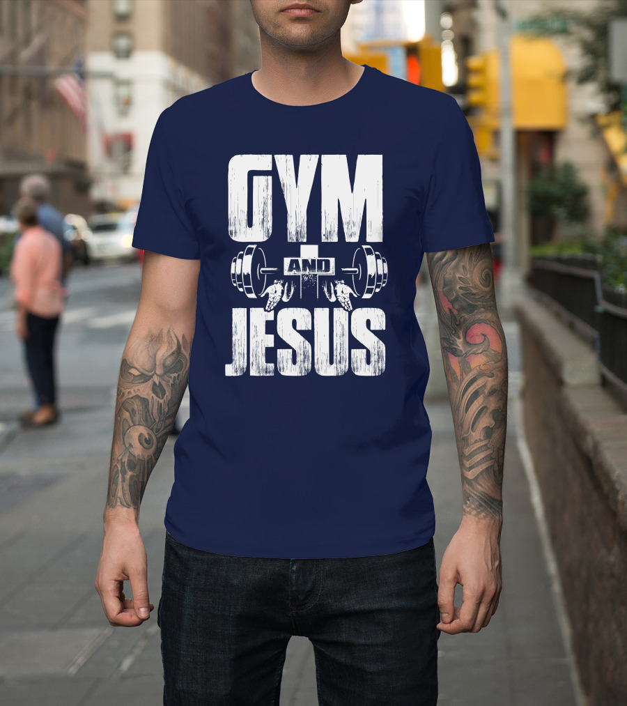 GYM and JESUS Weightlifting Barbell with Hands and Cross T-Shirt