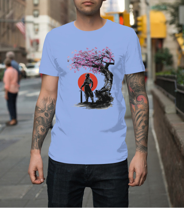 Shirt: Trunks Hope Under The Sun Cherry Blossom Silhouette with Sword Red Circle Background T-Shirt Trunks Hope Under The Sun Cherry Blossom Silhouette with Sword Red Circle Background T-Shirt