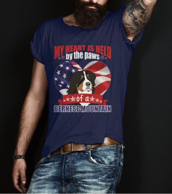 My Heart Is Held By The Paws Of A Bernese Mountain With American Flag Heart T-Shirt