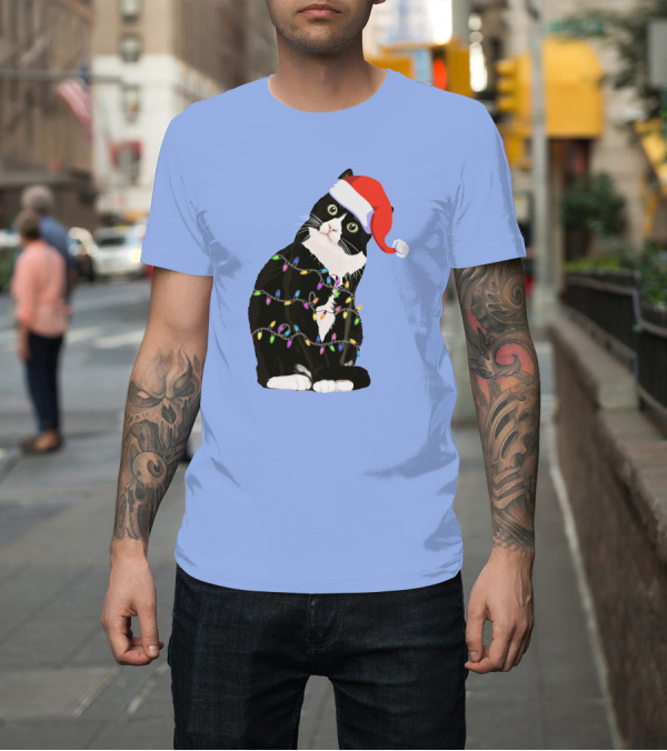 Shirt: Tuxedo Cat Santa Hat with Colorful Christmas Lights Holidays T-Shirt Tuxedo Cat Santa Hat with Colorful Christmas Lights Holidays T-Shirt