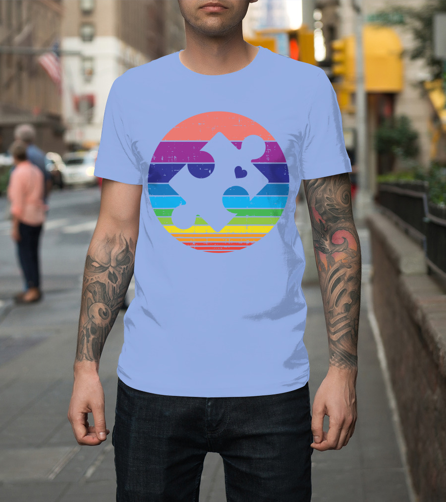Retro Rainbow Striped Puzzle Heart Autism Awareness T-Shirt