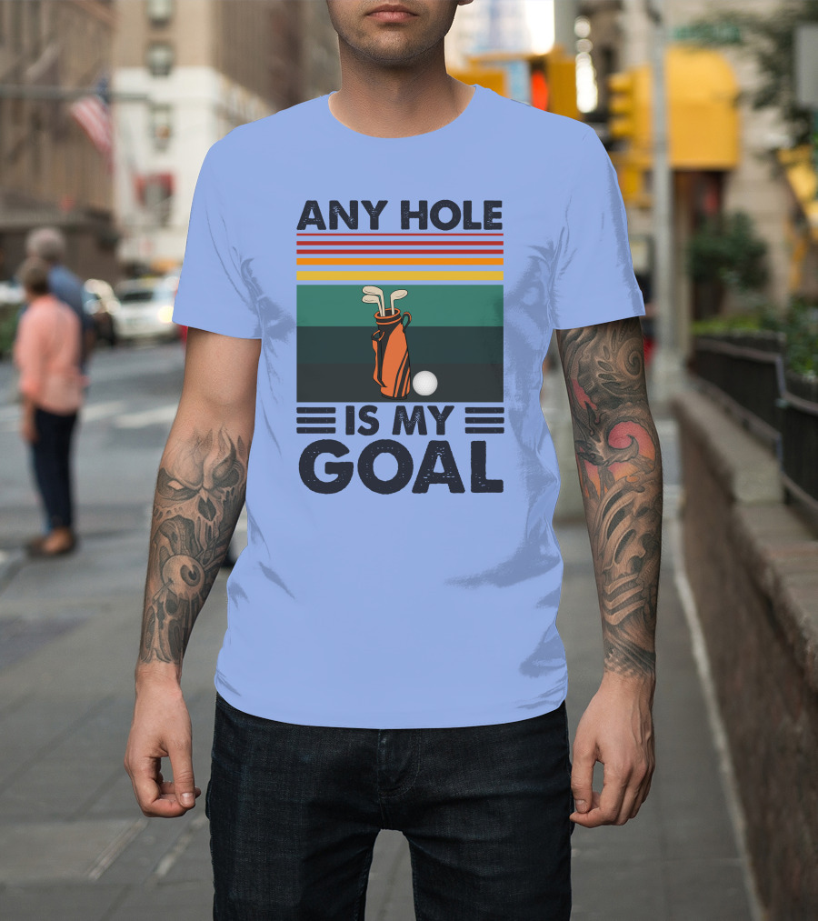 Any Hole Is My Goal Golf Bag and Ball Retro Stripes T-Shirt