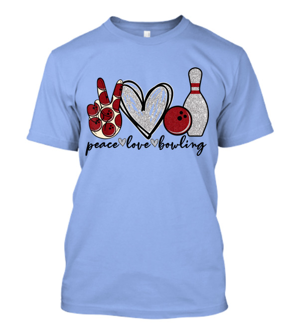 Peace Love Bowling Funny Bowling Lover Bowling Pins Glitter Bowling Ball T-Shirt