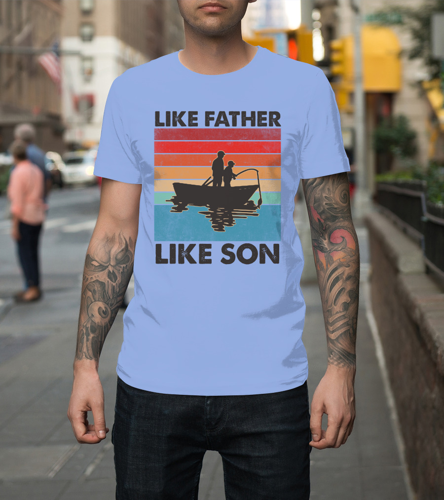 Like Father Like Son Fishing Boat Silhouette Retro Stripes T-Shirt