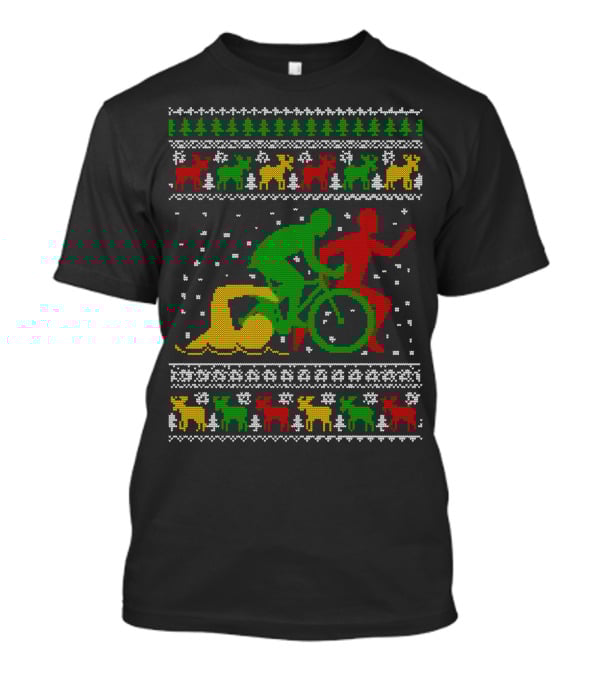 Merry Christmas Triathlon Ugly Sweater Swim Bike Run Festive Reindeer Holiday T-Shirt