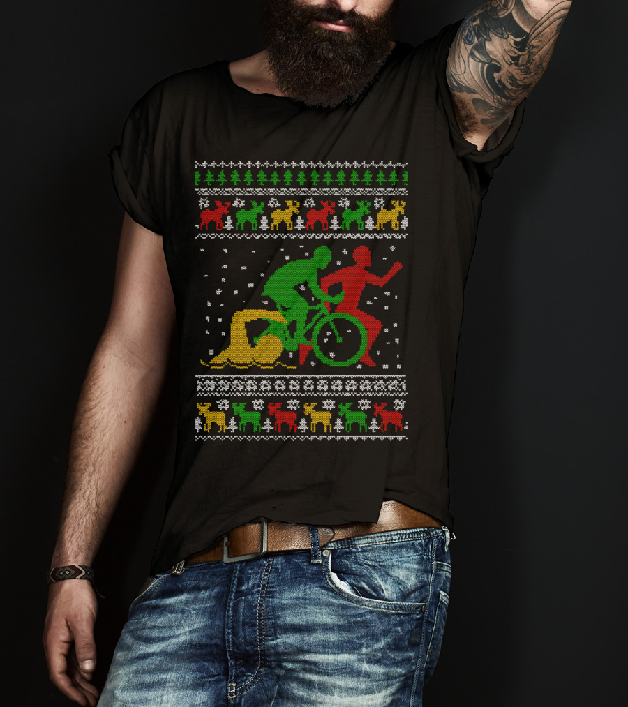 Merry Christmas Triathlon Ugly Sweater Swim Bike Run Festive Reindeer Holiday T-Shirt