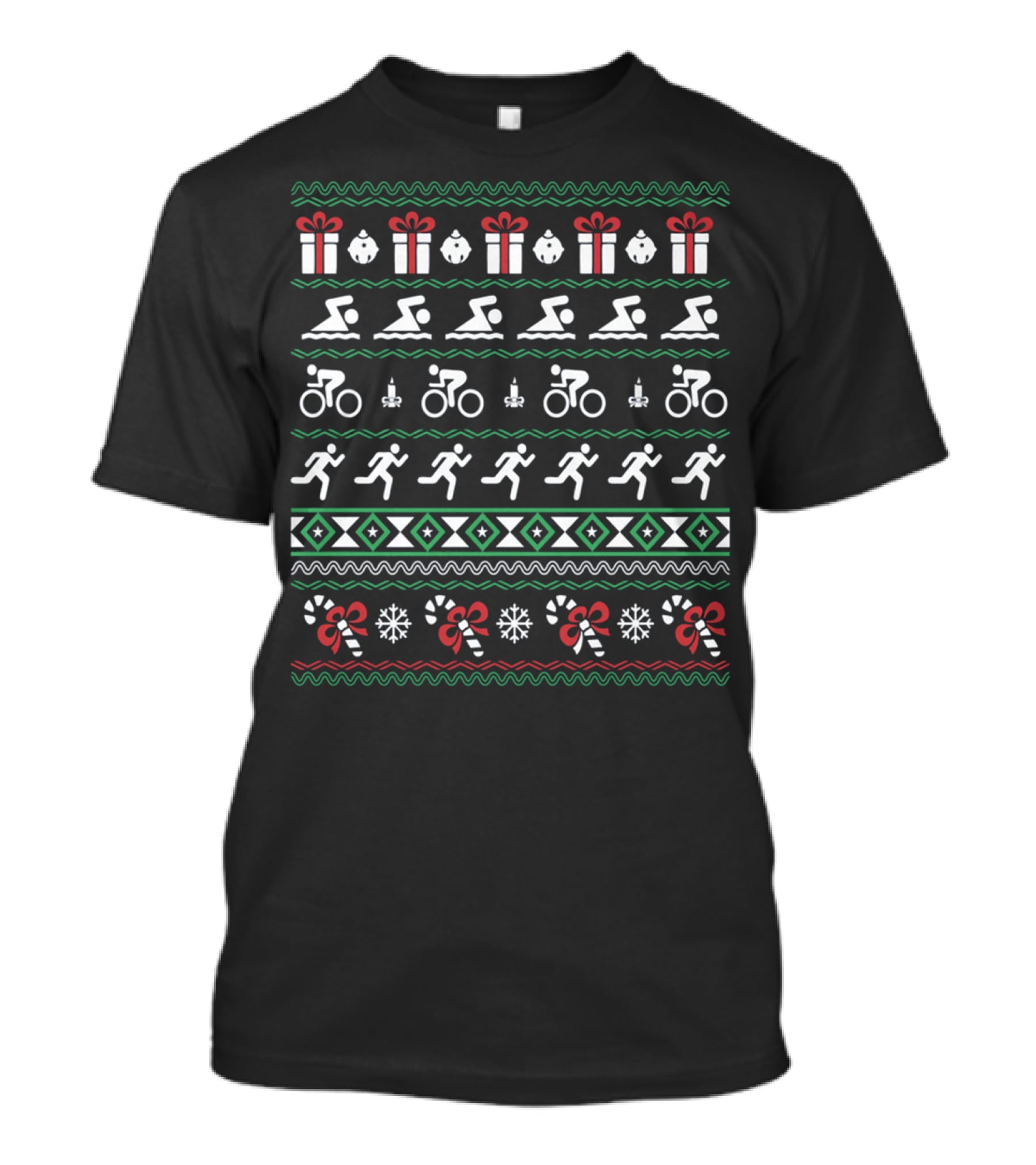 Triathlon Christmas Ugly Sweater Style With Gifts And Candy Canes T-Shirt
