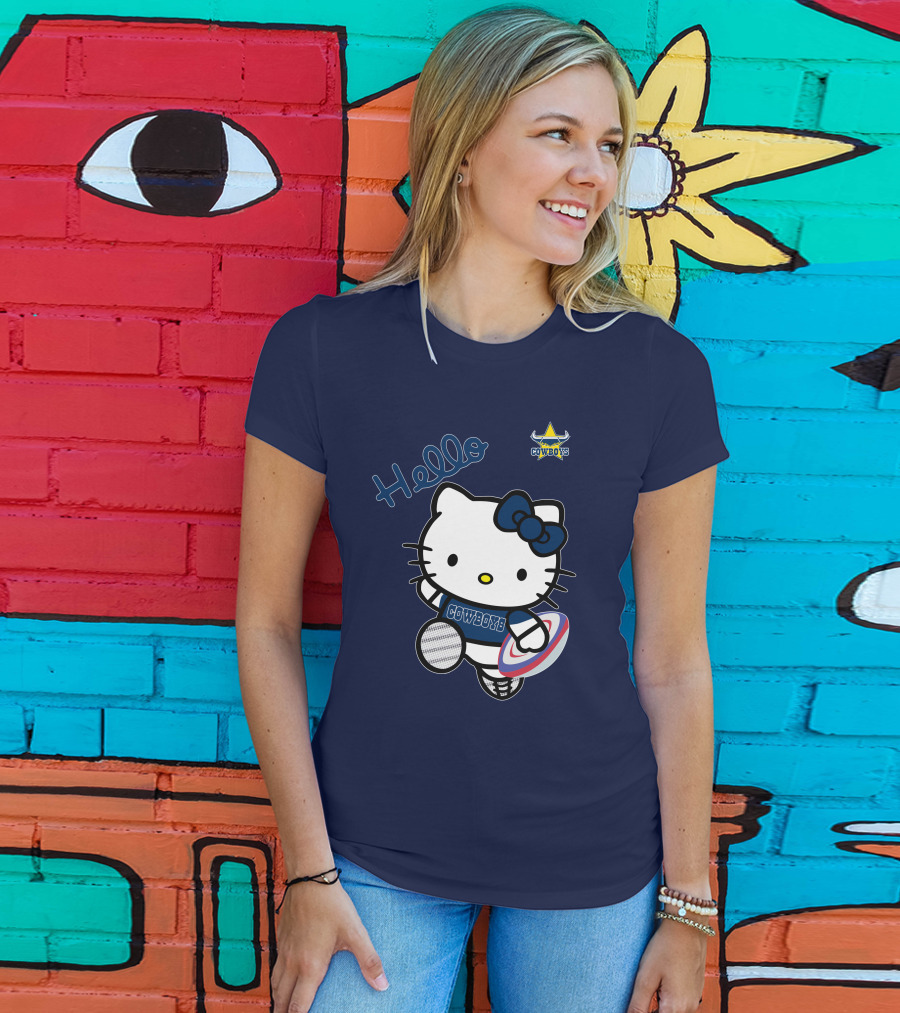 Hello Kitty North Queensland Cowboys Crossover With Rugby Ball T-Shirt