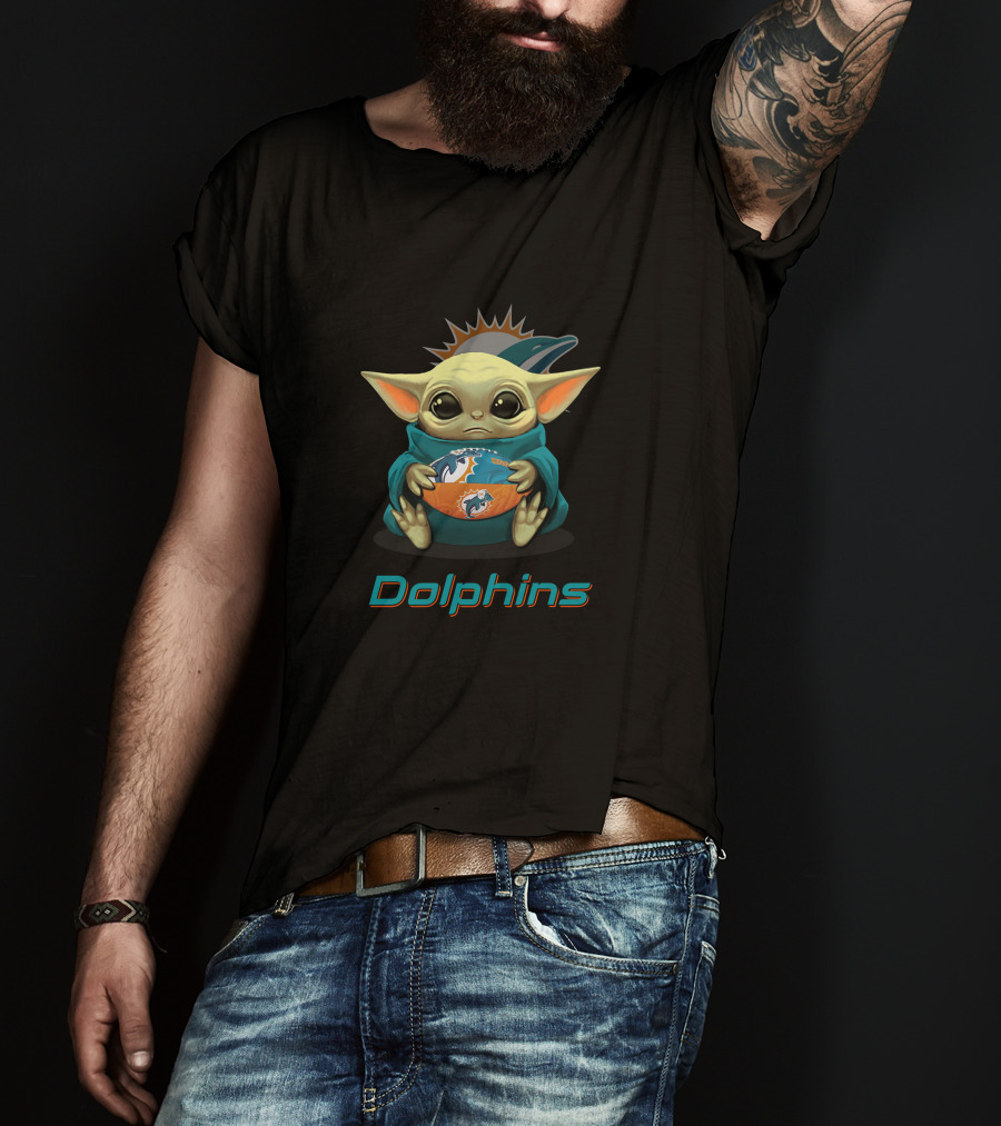 Miami Dolphins Baby Yoda Holding Dolphins Football T-Shirt