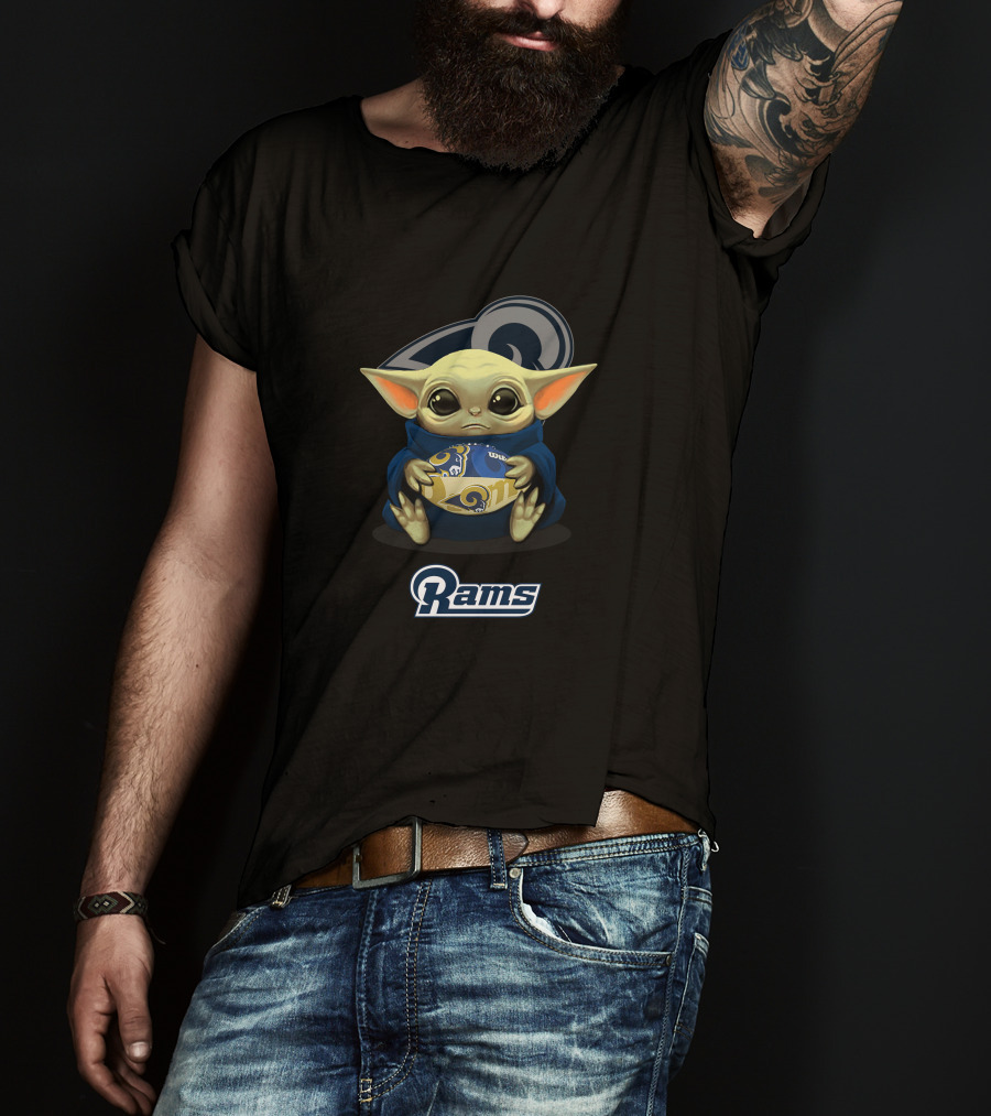 Los Angeles Rams Baby Yoda Holding Team Football T-Shirt