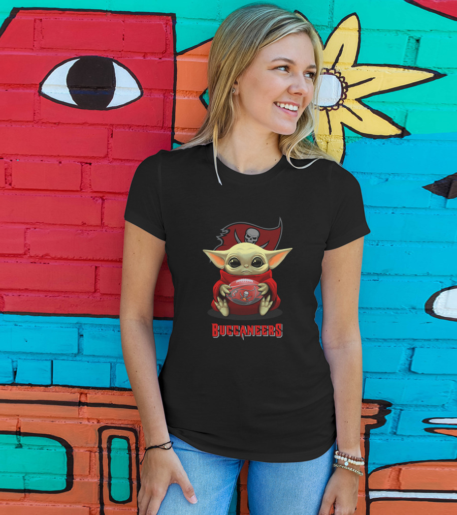 Buccaneers Baby Yoda Holding Tampa Bay Football Helmet T-Shirt