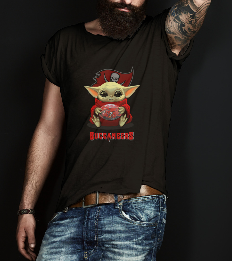 Buccaneers Baby Yoda Holding Tampa Bay Football Helmet T-Shirt