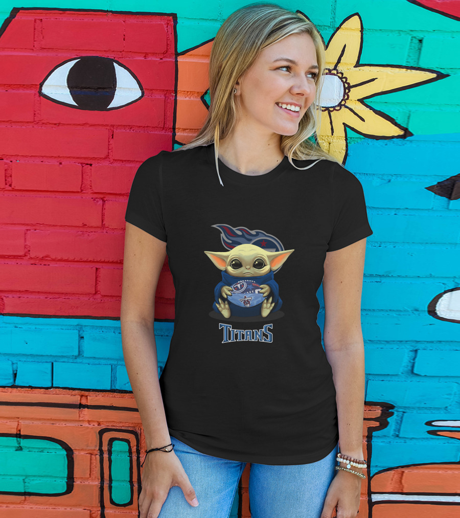 Tennessee Titans Baby Yoda Holding Football With Team T-Shirt