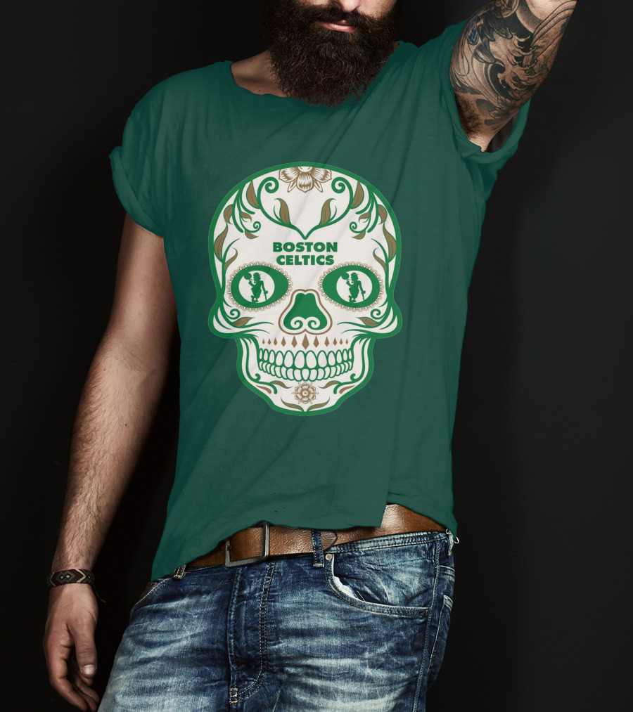 Boston Celtics Skull With Celtic Symbols And Basketball Mascot T-Shirt