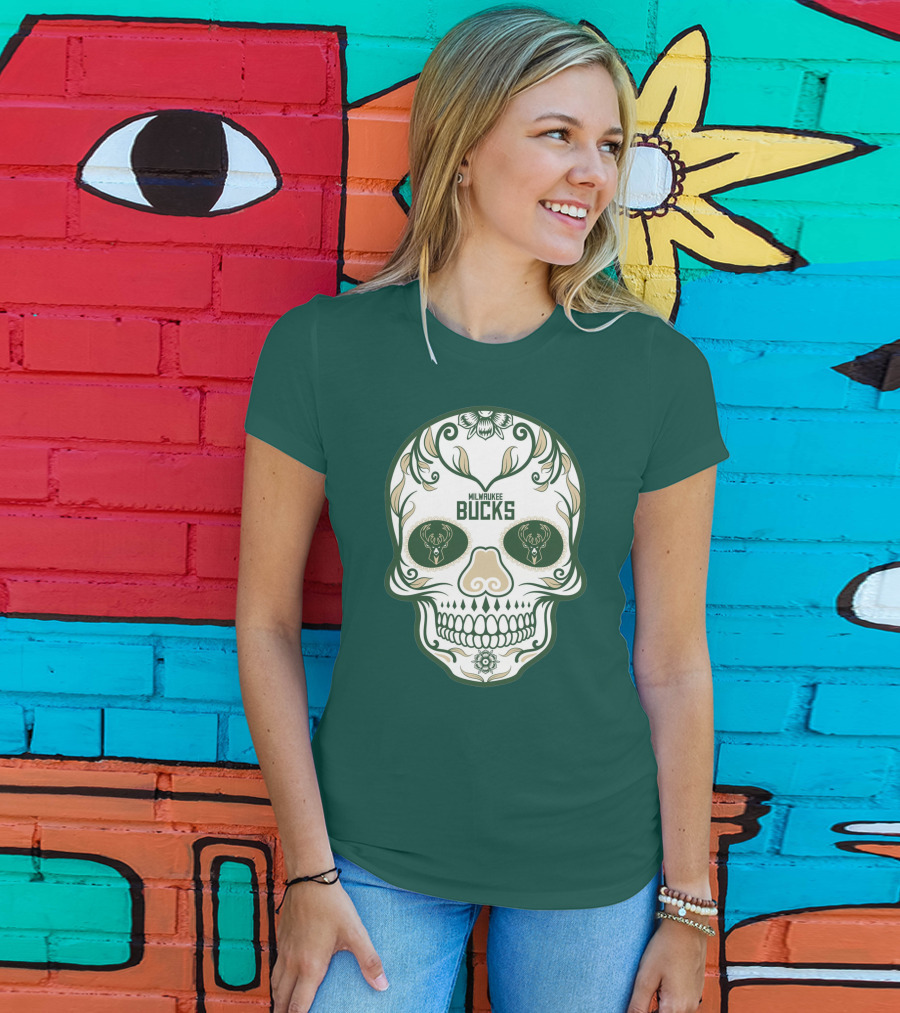 Milwaukee Bucks Skull Deer Logo Floral T-Shirt