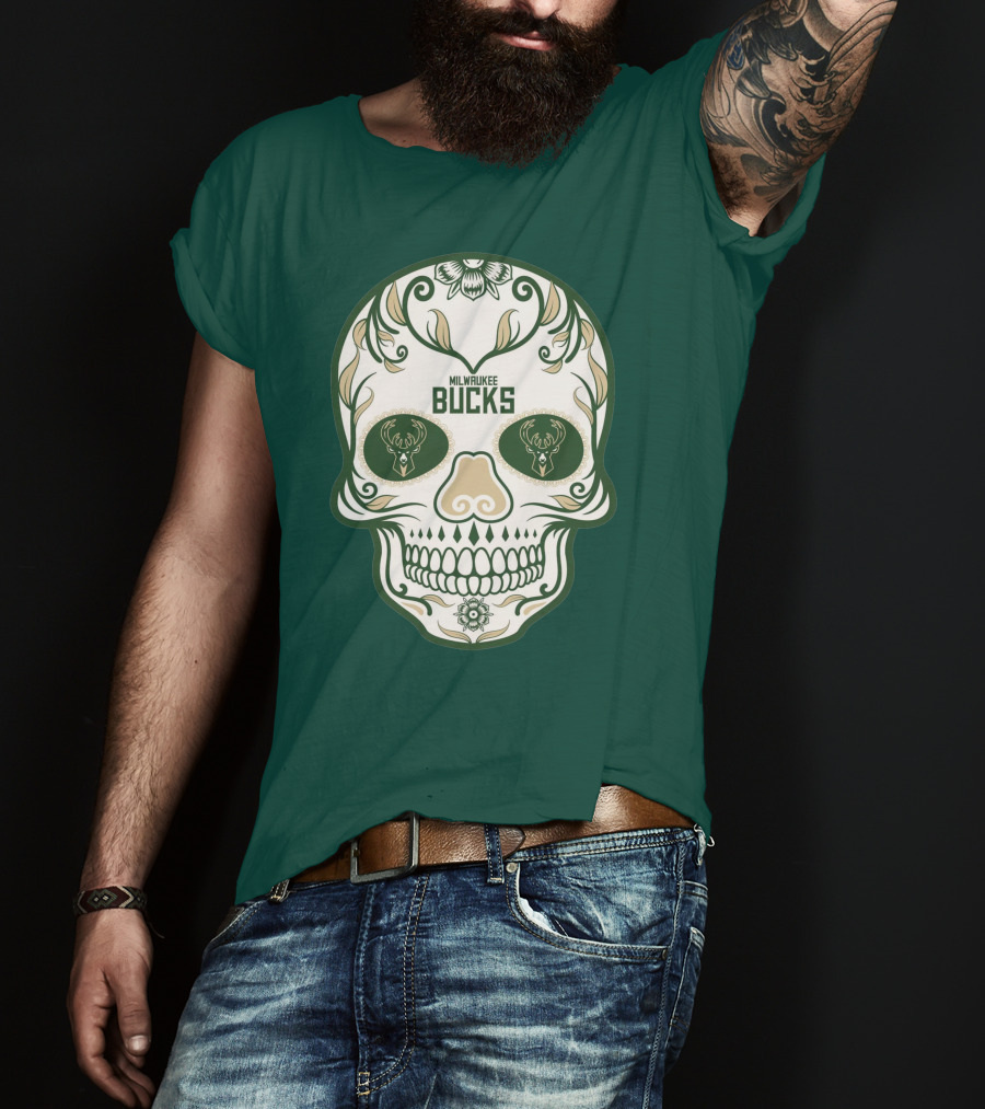 Milwaukee Bucks Skull Deer Logo Floral T-Shirt