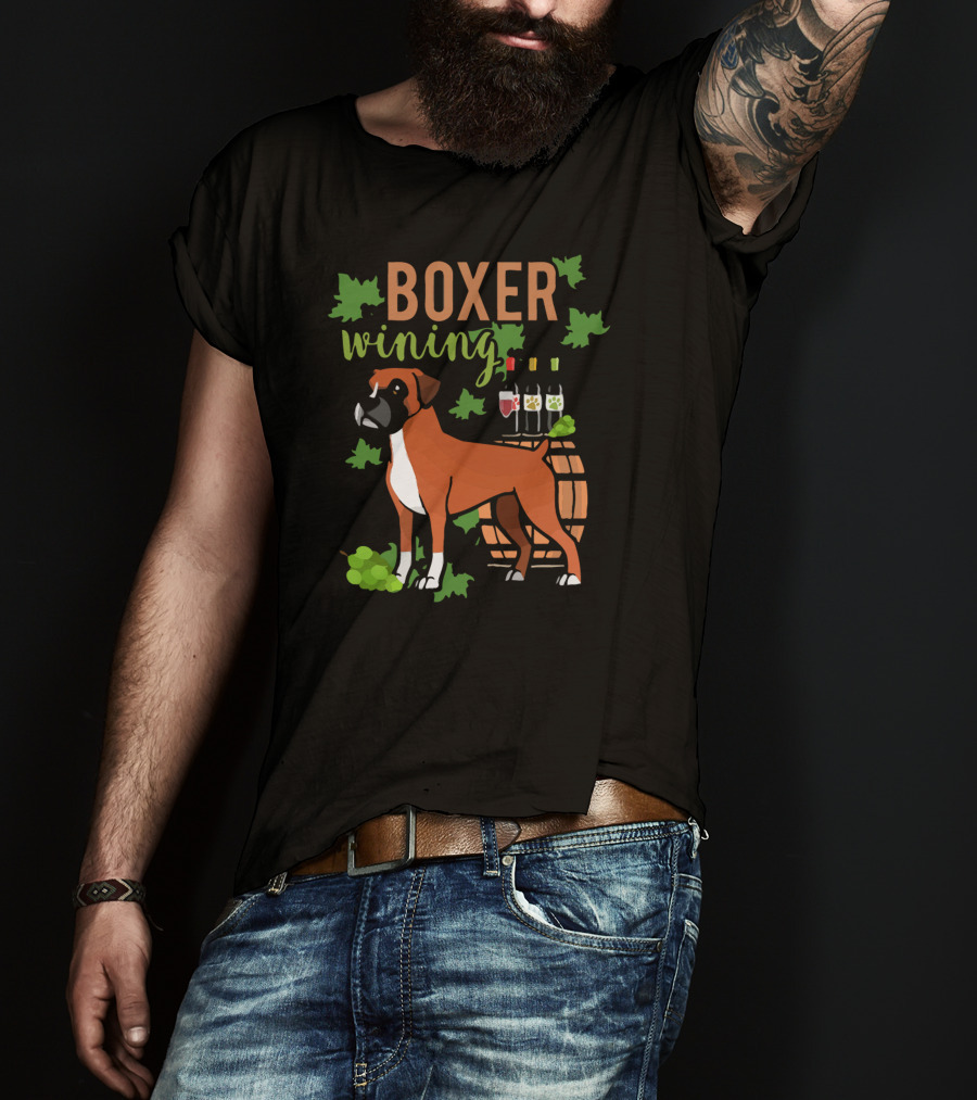 Boxer Wining Grapes And Wine Barrel Dog T-Shirt