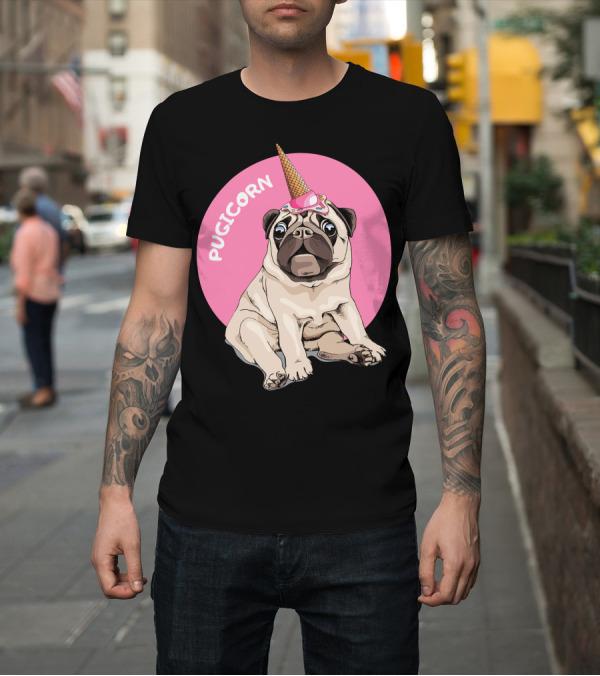Shirt: Pugicorn Ice Cream Cone Hat Sitting Pug Pink Circle T-Shirt Pugicorn Ice Cream Cone Hat Sitting Pug Pink Circle T-Shirt