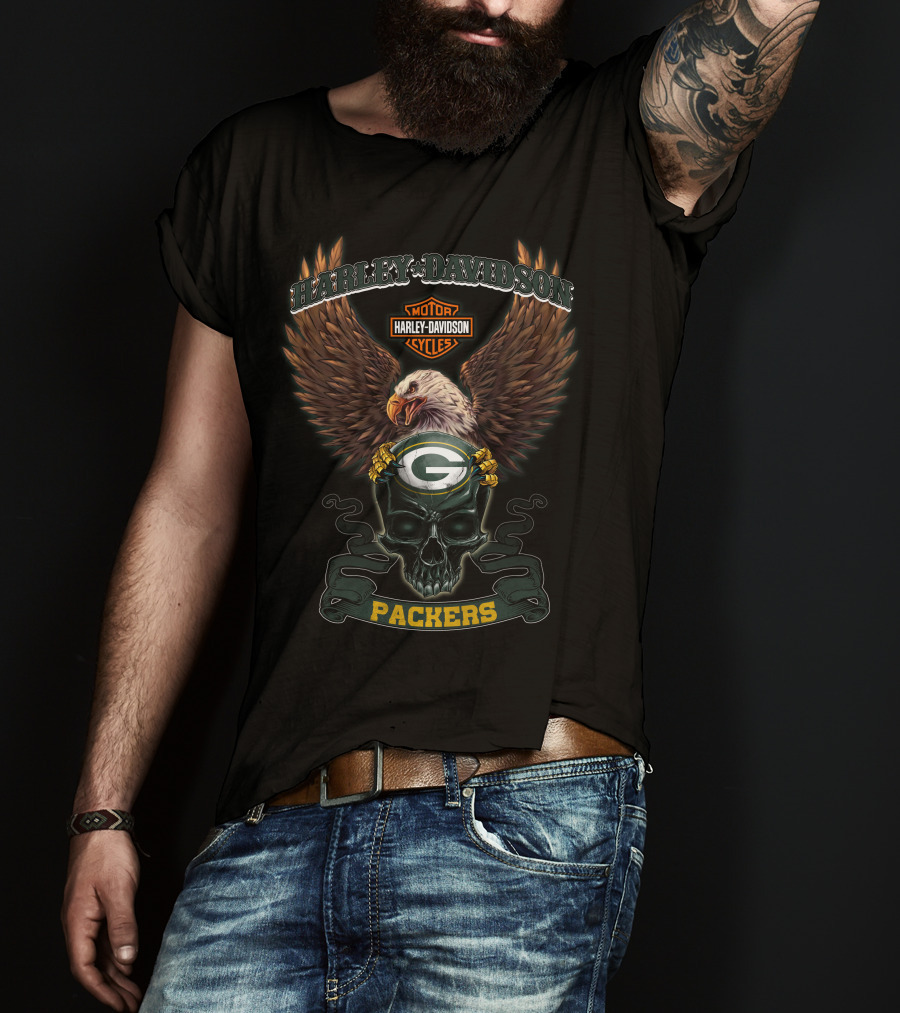 Harley Davidson Motor Cycles Green Bay Packers Eagle Skull T-Shirt