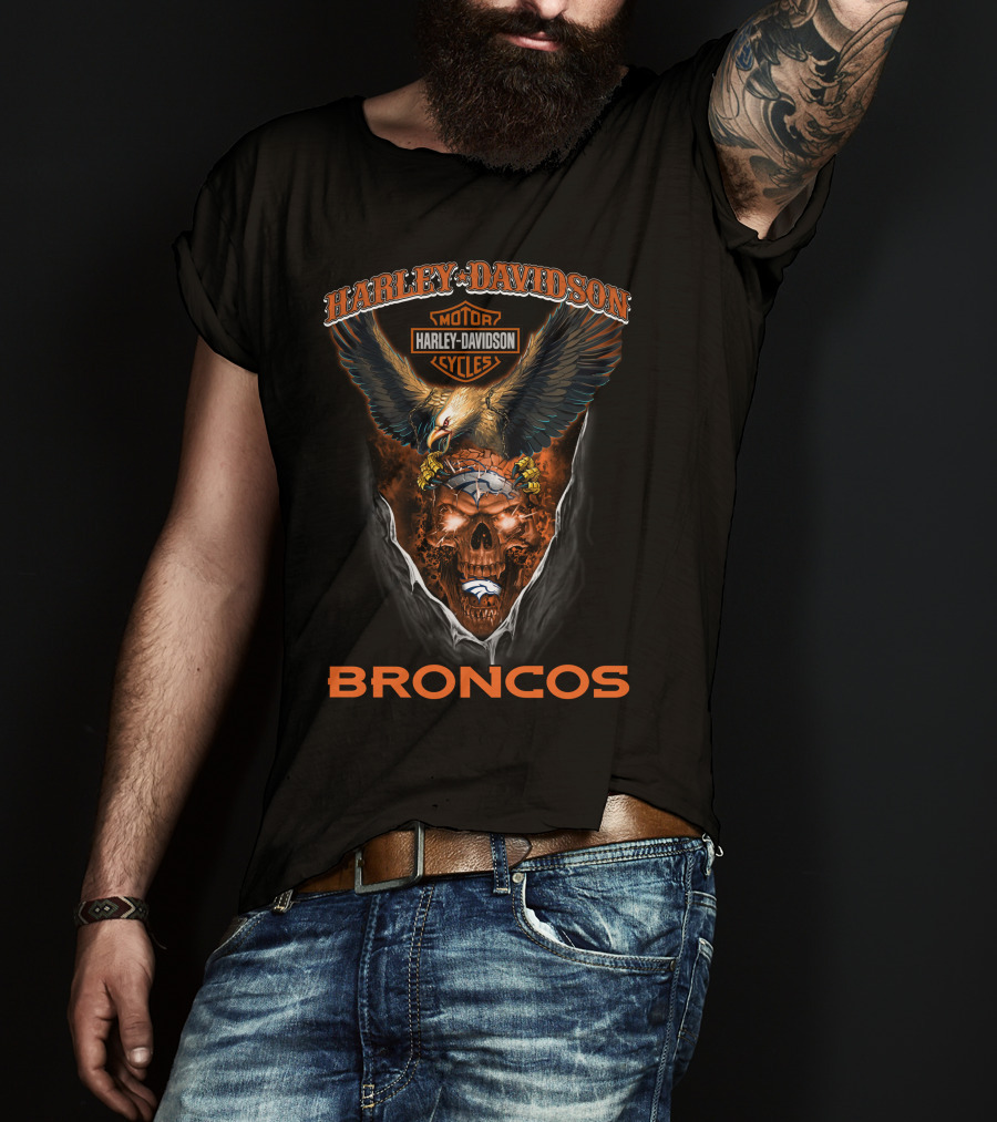 Harley Davidson Motor Cycles Eagle Skull Broncos T-Shirt