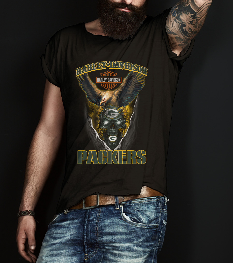 Harley Davidson Motorcycles Green Bay Packers Eagle And Skull T-Shirt