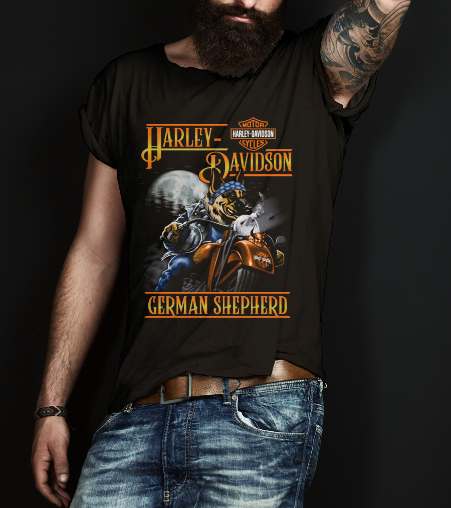Harley Davidson Motor Cycles German Shepherd Riding Motorcycle Full Moon T-Shirt
