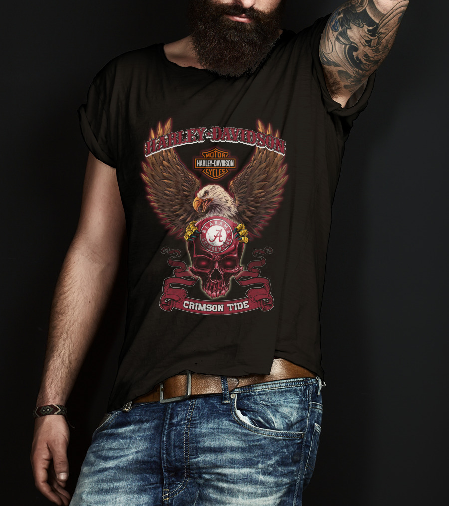 Harley Davidson Alabama Crimson Tide Ncaa Bald Eagle Skull T-Shirt