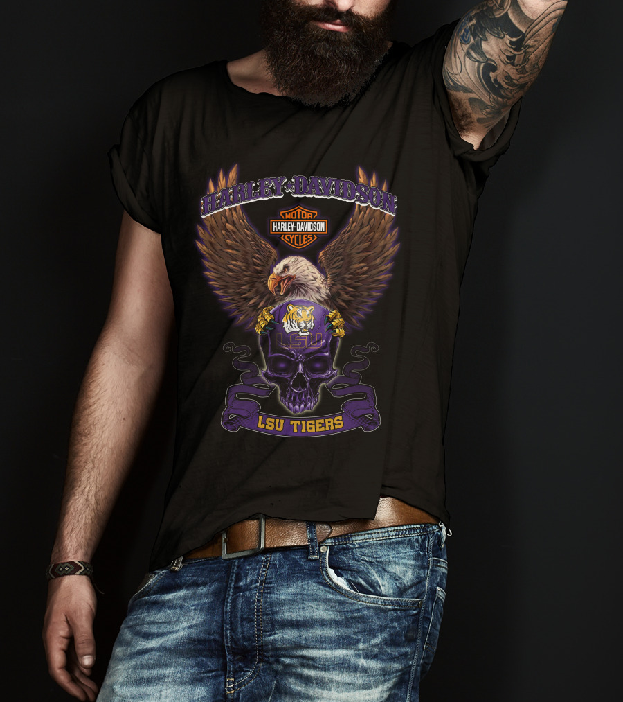 Harley Davidson Lsu Tigers Motorcycles Eagle Skull T-Shirt