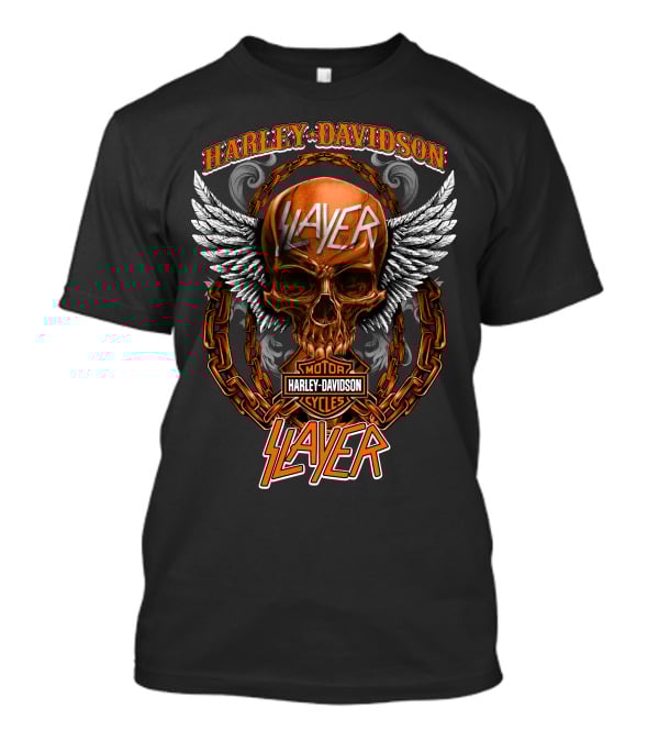 Harley Davidson Slayer Motor Cycles Skull Wings Chains T-Shirt