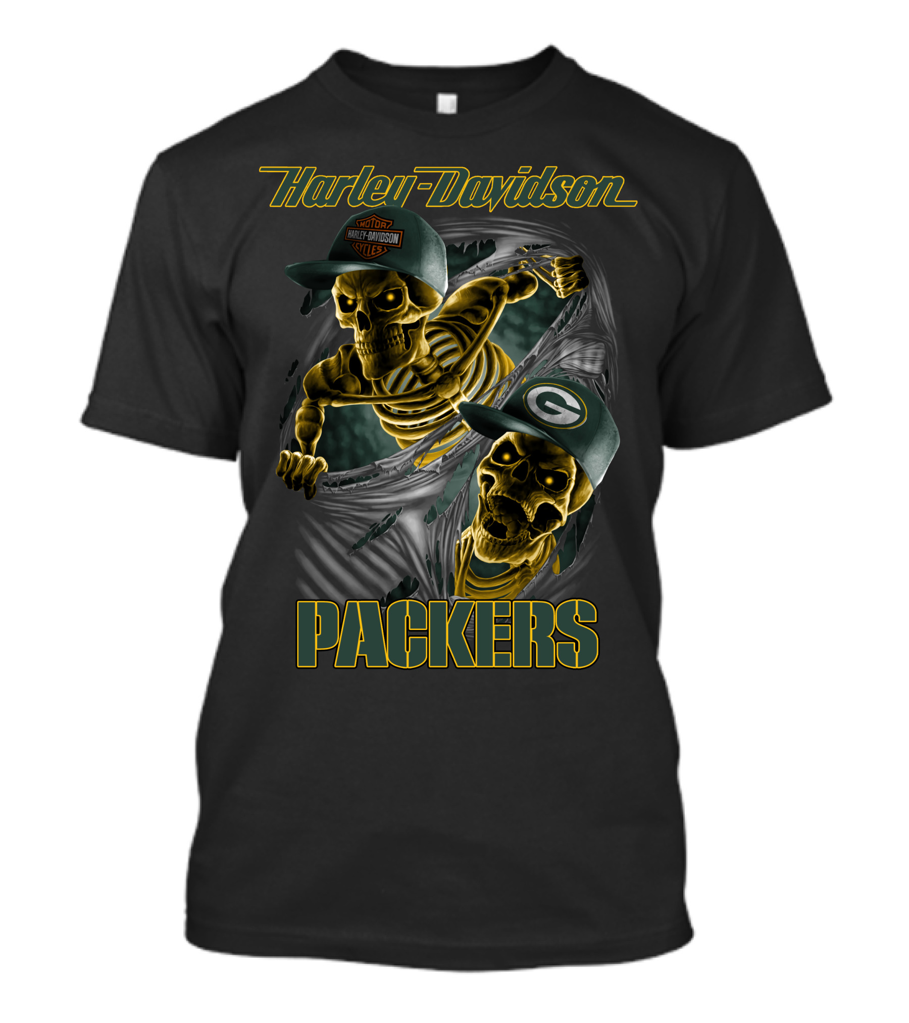Harley Davidson Packers Skeletons With Caps T-Shirt