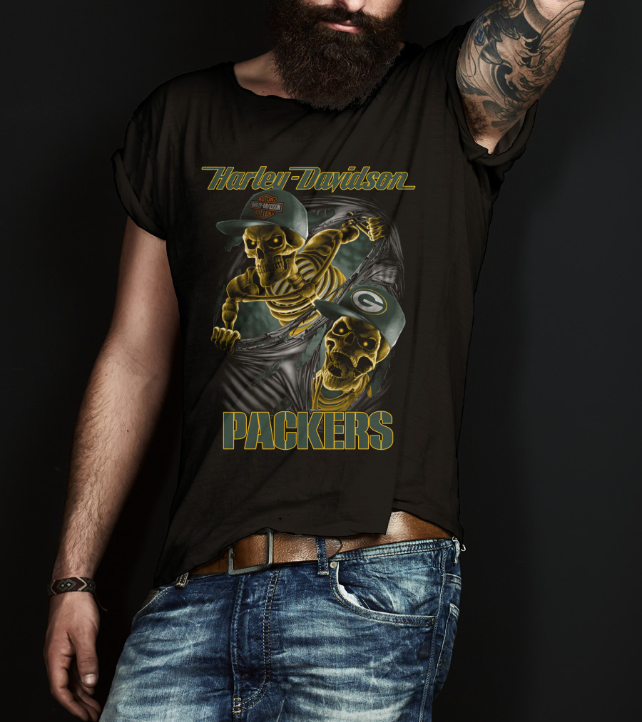 Harley Davidson Packers Skeletons With Caps T-Shirt