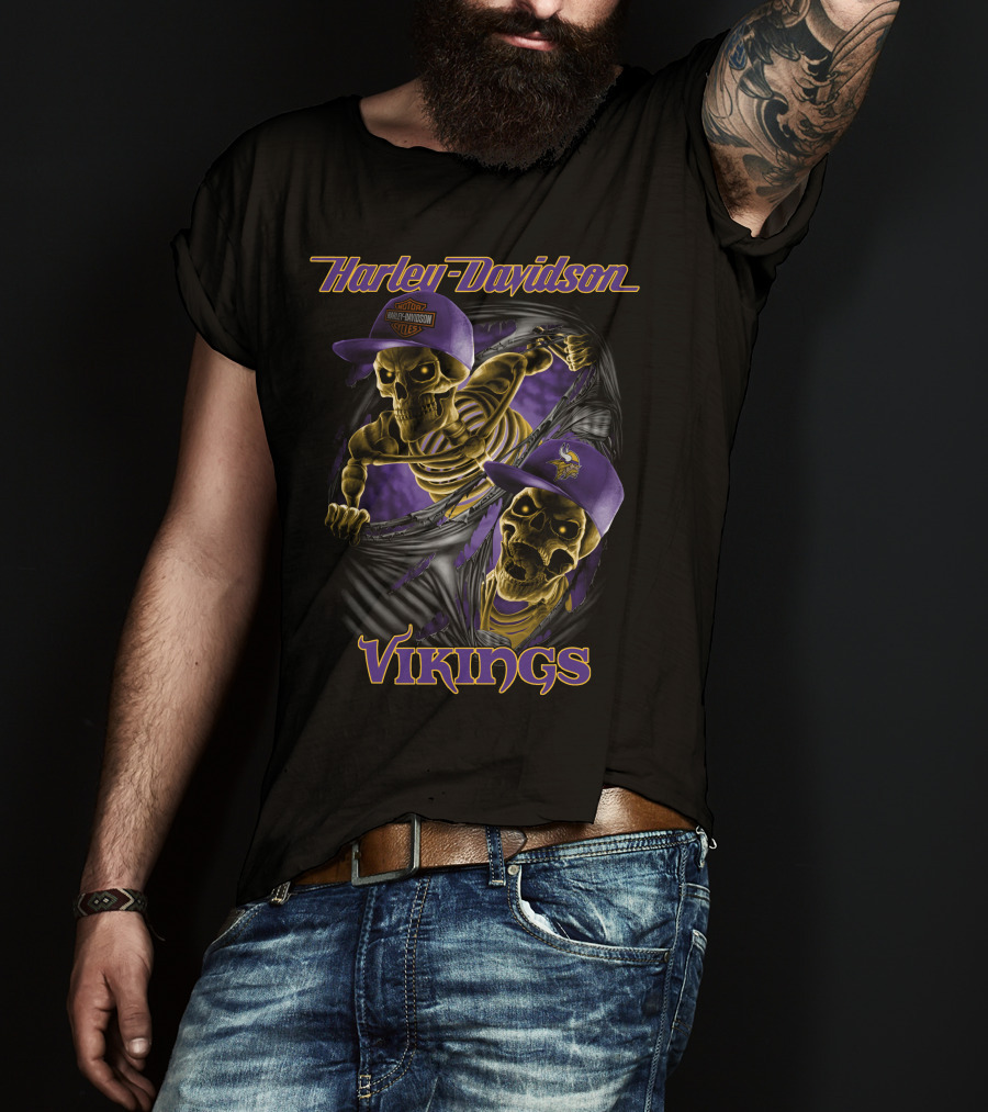Harley Davidson Vikings Skeletons In Purple Caps With Logos T-Shirt