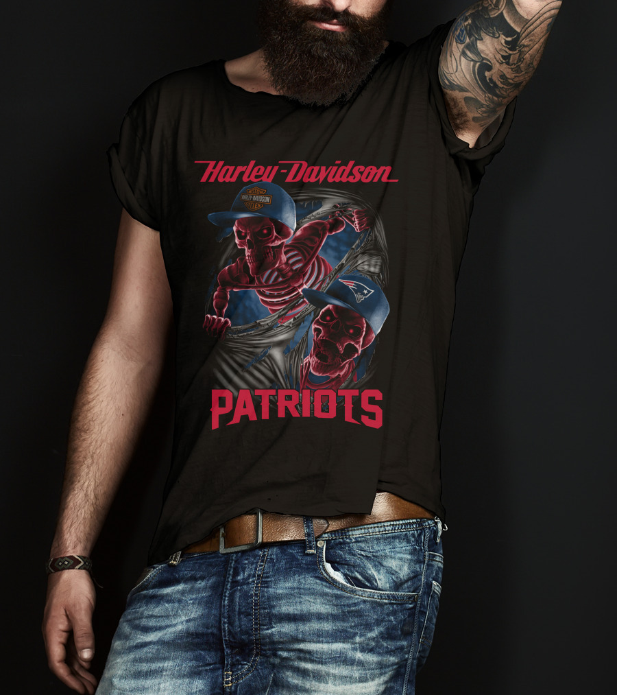 Harley Davidson New England Patriots Skeletons In Baseball Caps T-Shirt