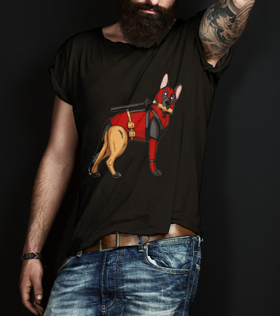 German Shepherd In Deadpool Costume With Sword And Bone T-Shirt