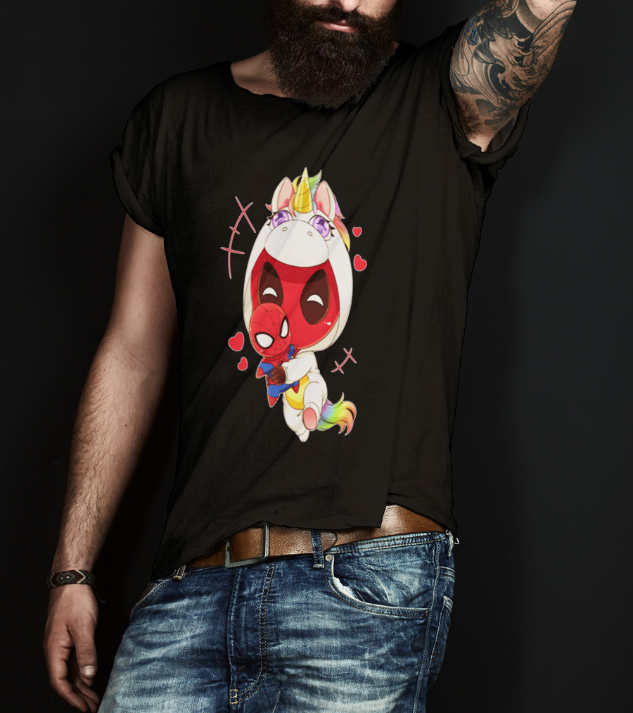 Deadpool IN Unicorn Costume Hugging Spiderman Plush With Hearts And Smiling Face T-Shirt